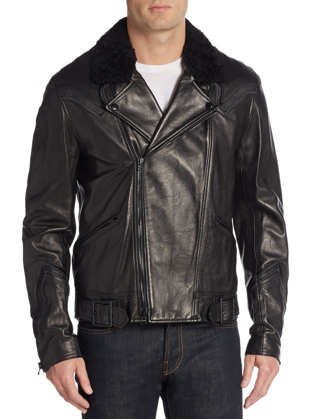 Lyst 3 1 Phillip Lim Shearling Collar Leather Moto Jacket In Black Gallery