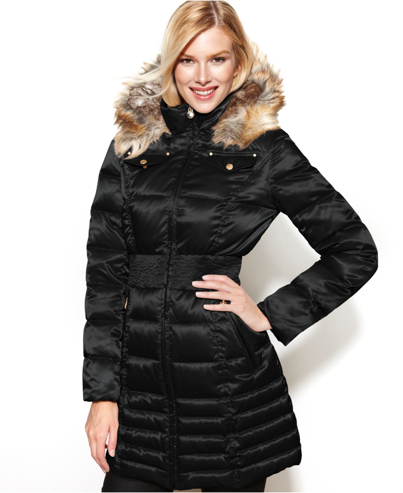Lyst - Laundry By Shelli Segal Petite Hooded Faux-Fur-Trim Down Puffer ...