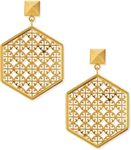Tory Burch Golden Perforated Logo Hexagon Drop Earrings in Gold (SHINY ...