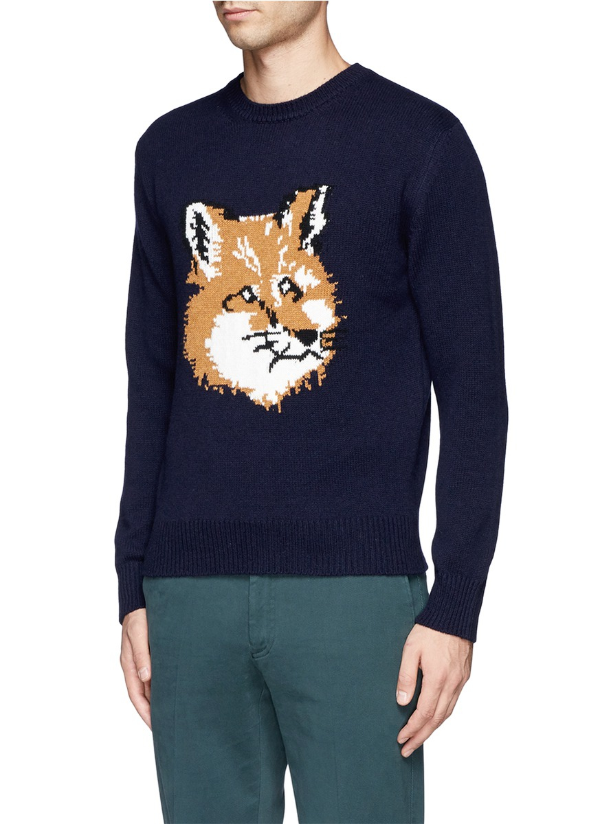 Maison kitsuné Fox Knit Sweater in Blue for Men Lyst