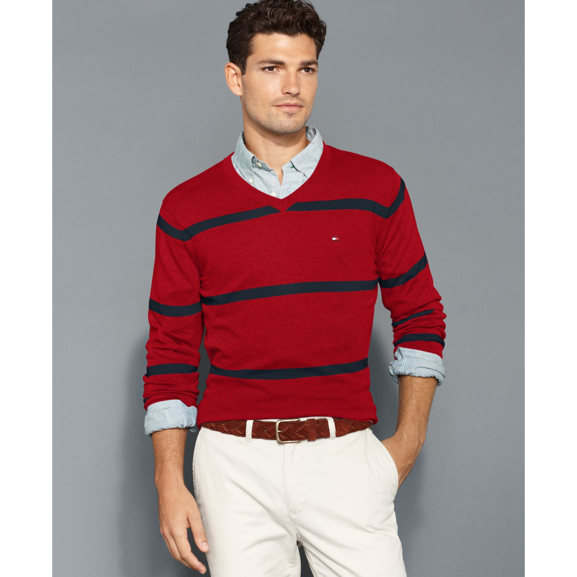 Tommy Hilfiger American Striped Vneck Sweater in Gray for Men (Sweater ...