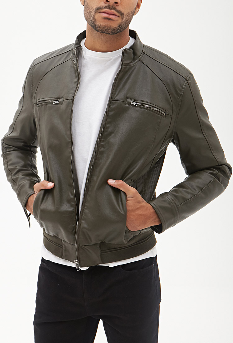 Lyst Forever 21 Faux Leather Biker Jacket In Green For Men Gallery