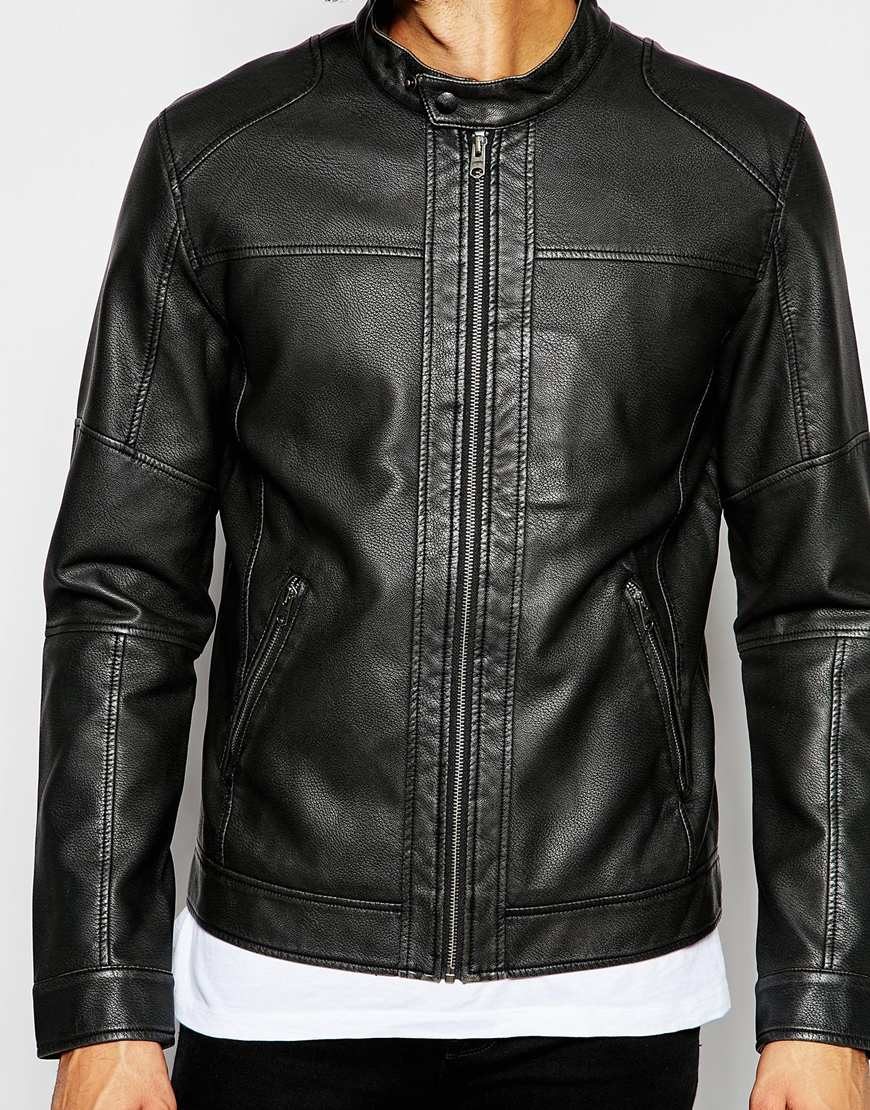 Lyst - Jack & Jones Faux Leather Jacket With Biker Collar in Black for Men
