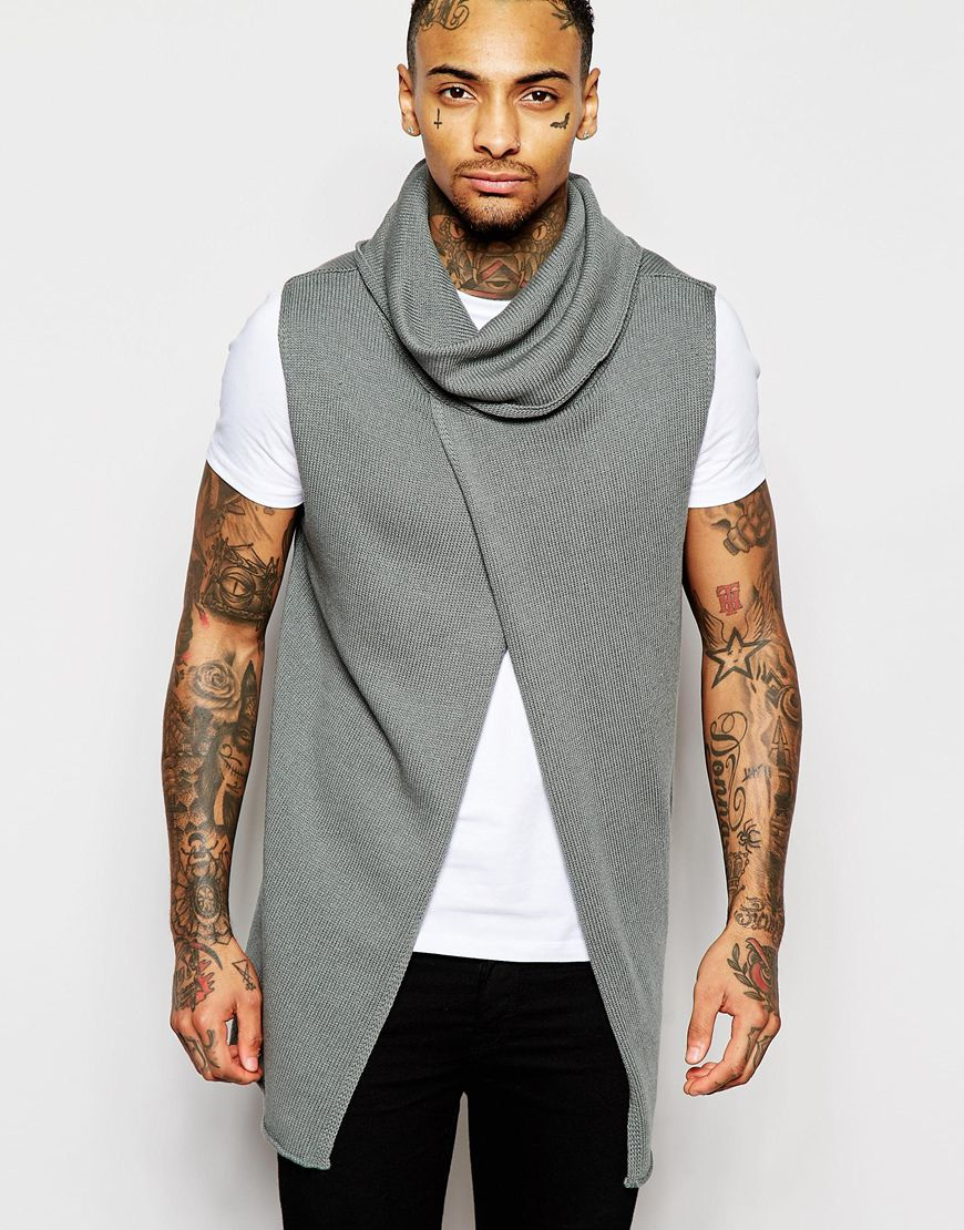 Lyst - Asos Sleeveless Sweater With Cowl Neck And Wrap Front in Gray ...