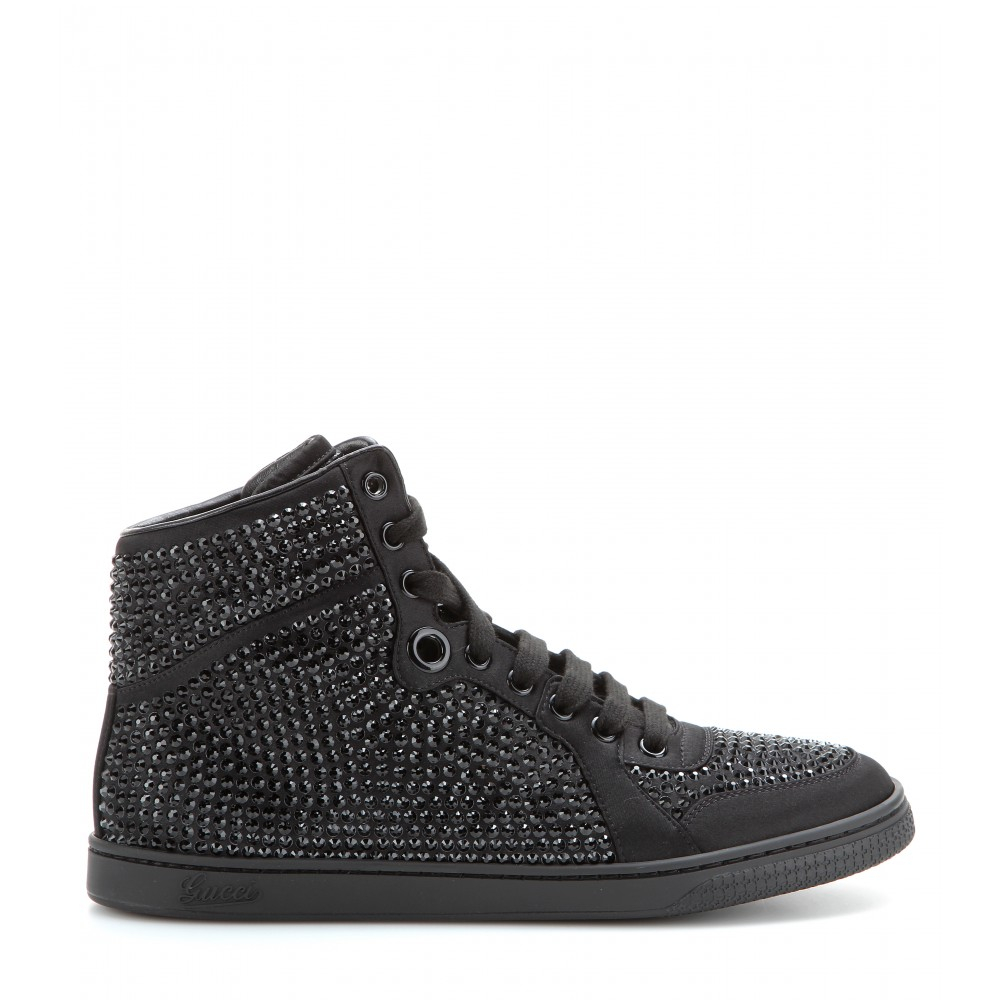 Gucci Crystal-Embellished Satin High-Top Sneakers in Black - Lyst