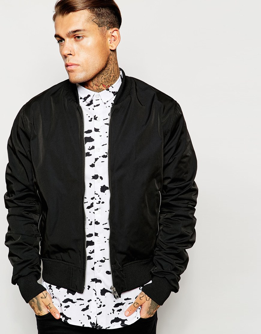 ASOS Bomber Jacket With Zip Sleeve In Black in Black for Men - Lyst