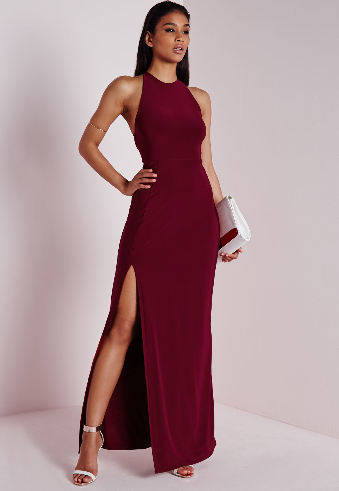 Missguided Slinky Side Split Maxi Dress  Burgundy  in Purple 