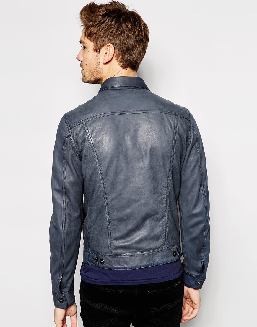 Replay Leather Trucker Jacket Button Front in Blue for Men | Lyst