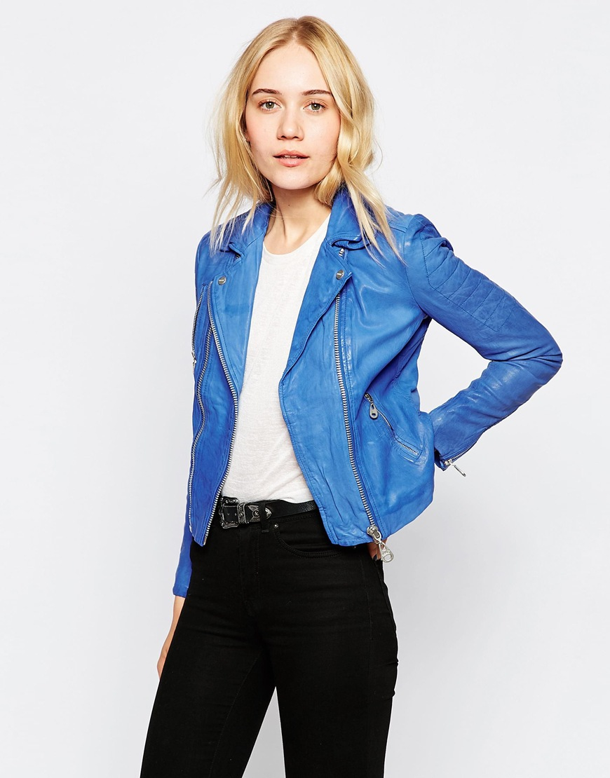 Doma Leather Moto Jacket With Double Front Zip In Blue Lyst Gallery