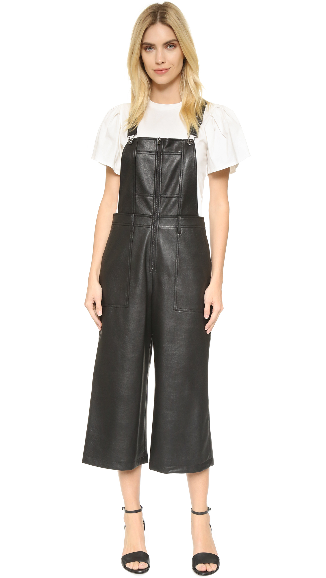 Fashion Strap Diagonal Pocket Leather Jumpsuits Pants