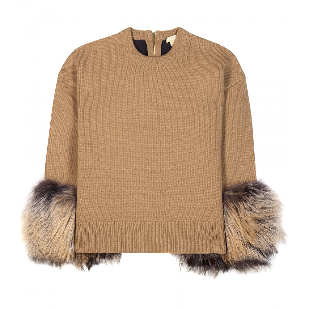 Michael kors Cashmere And Wool-blend Fur-trimmed Sweater in Brown ...
