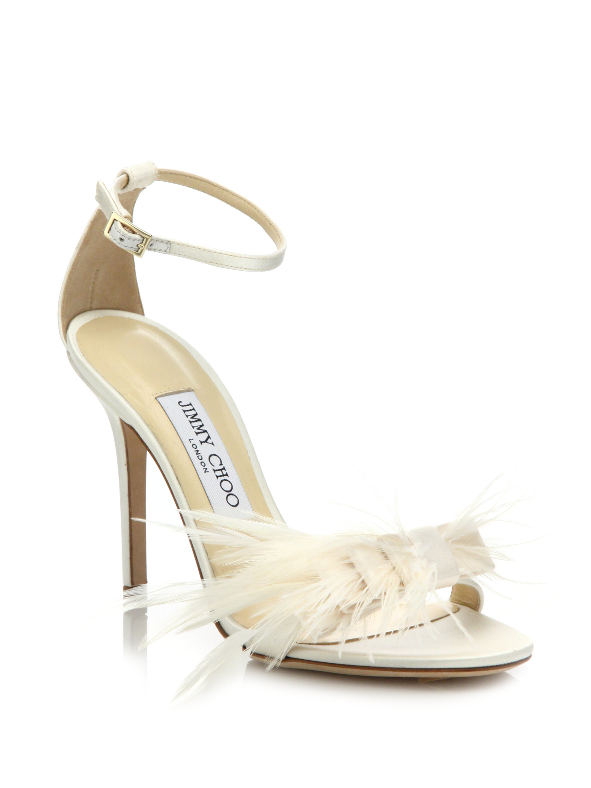 Lyst Jimmy Choo Vivien Ostrich Feather Bow Satin Sandals In Natural