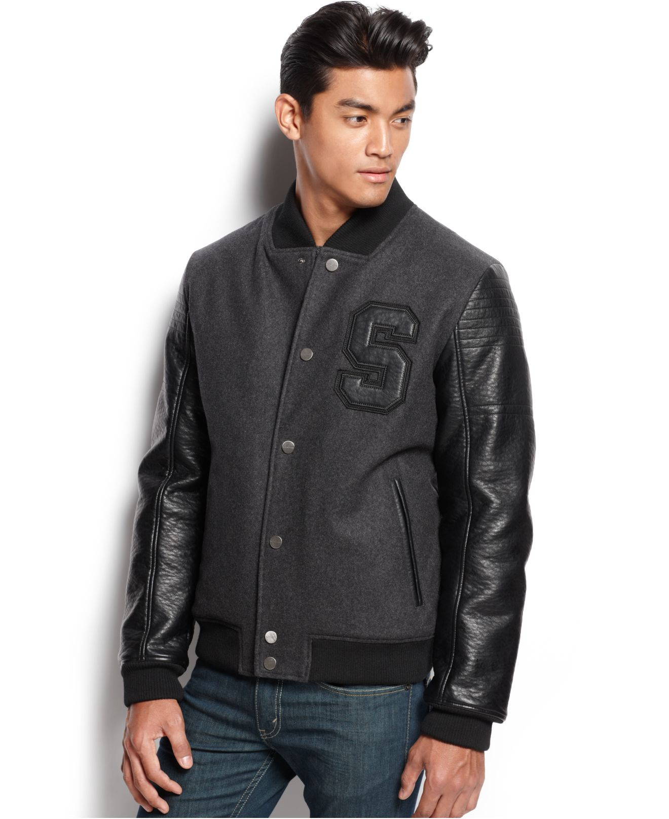 Sean John Mixed Media Faux Leather Sleeve Baseball Jacket In Gray Gallery