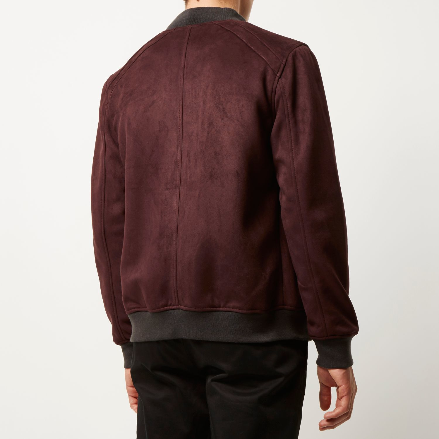 River island Dark Red Faux-suede Bomber Jacket in Red for Men | Lyst