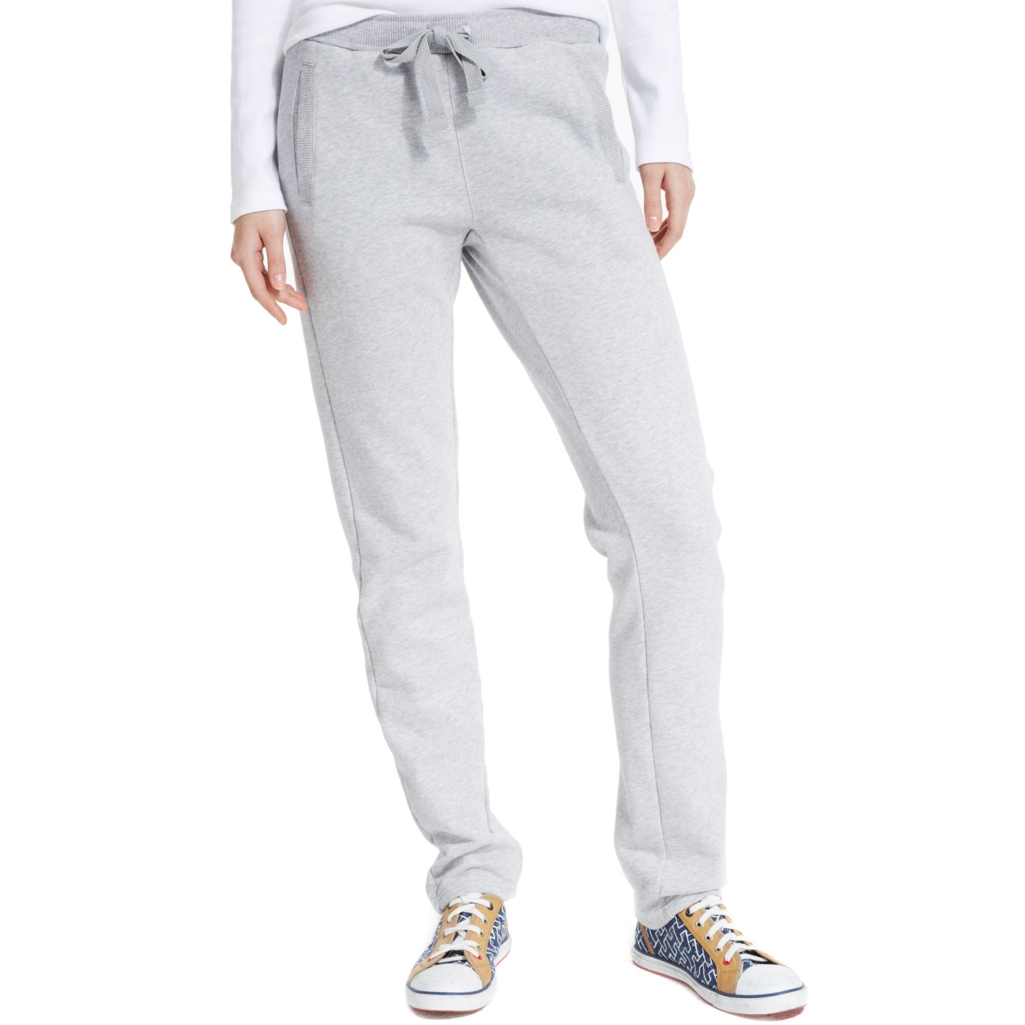 Solid grey drawstring sweatpants with light grey accents and pockets on the side.