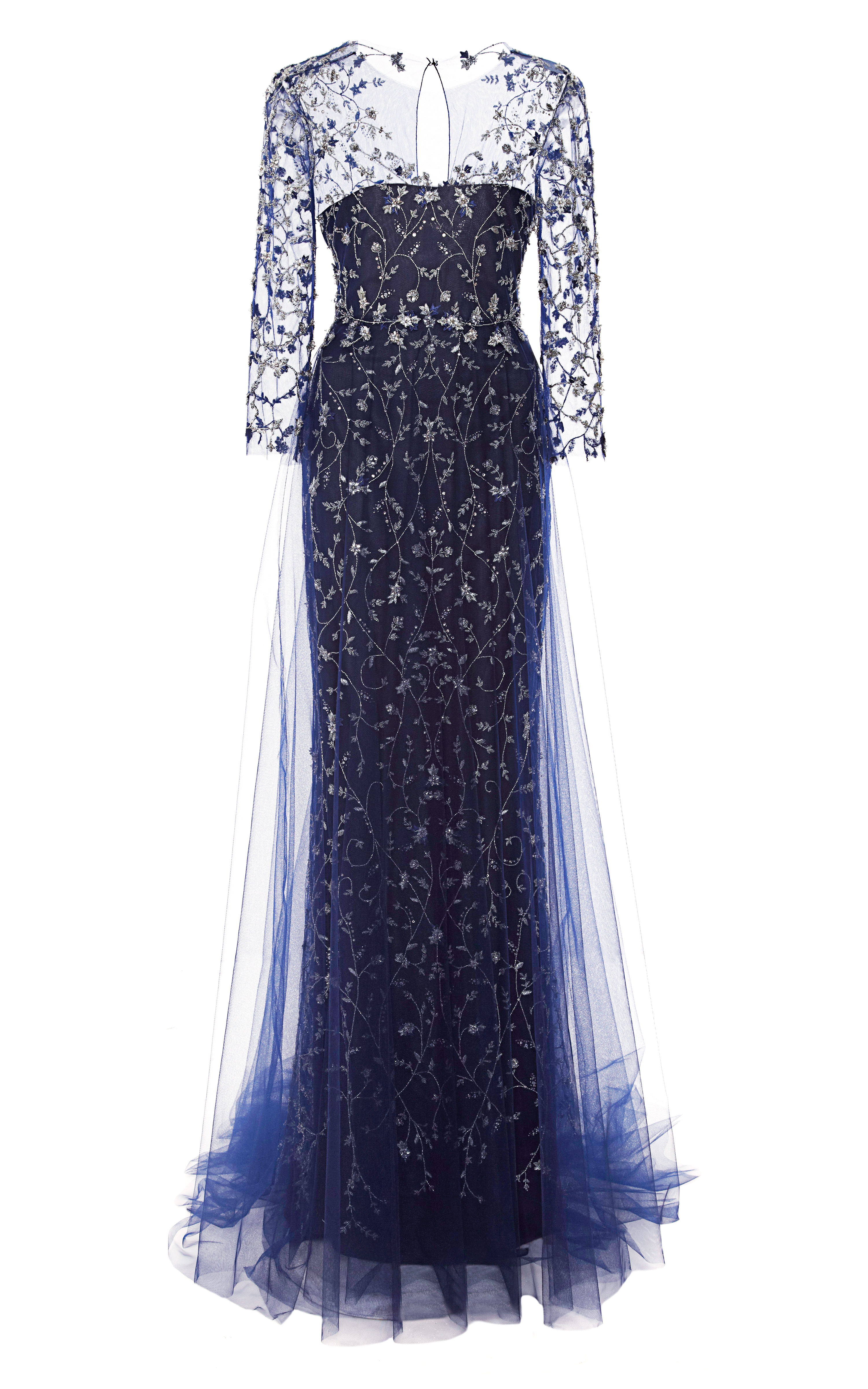 Lyst - Marchesa Embroidered Gown with Tulle Skirt Overlay in Blue