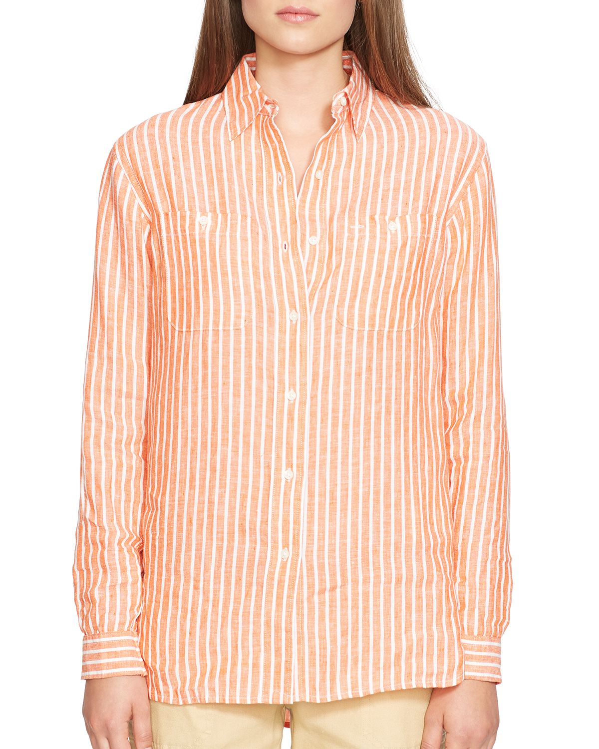 Lyst - Ralph Lauren Lauren Petites Striped Linen Shirt in Orange