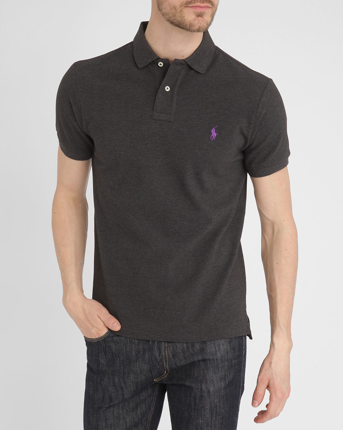 Polo ralph lauren Charcoal Slim Fit Polo Shirt in Gray for Men | Lyst