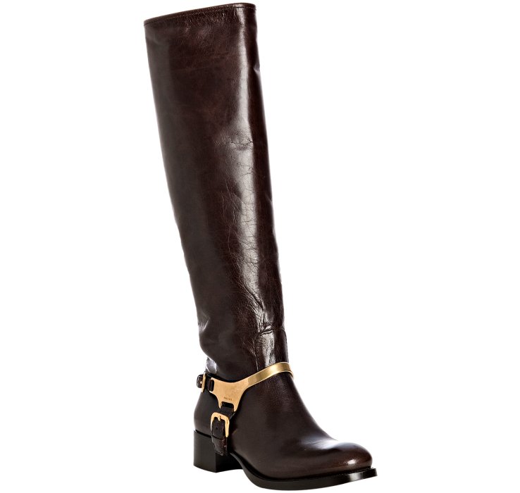 Lyst - Prada Dark Brown Shined Leather Harness Riding Boots in Brown