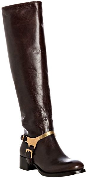 Prada Dark Brown Shined Leather Harness Riding Boots in Brown | Lyst