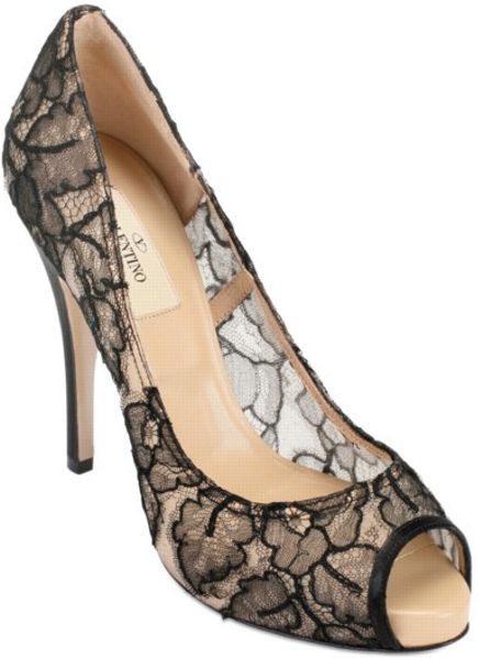 Valentino 120mm Lace and Mesh Peep Toe Pumps in Black | Lyst