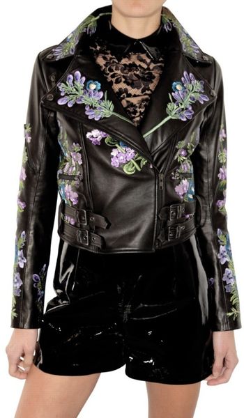 Christopher Kane Embroidered Leather Biker Jacket in Black | Lyst
