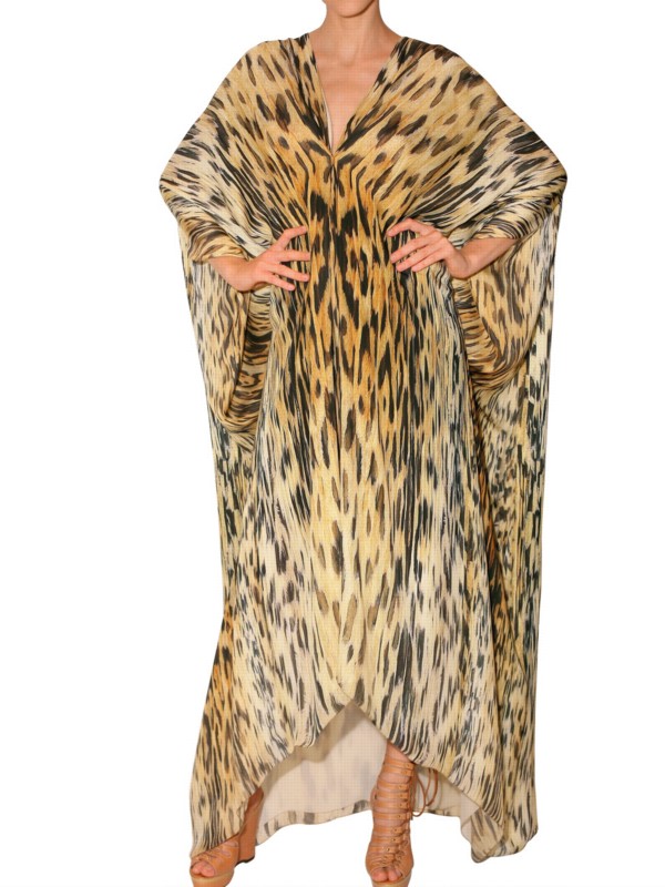 Roberto Cavalli Leopard Print Chiffon Kaftan Dress - Lyst
