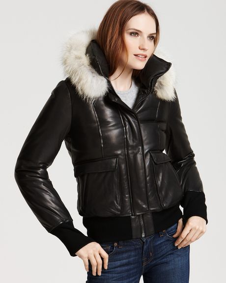 Mackage Glam Puffy Leather Bomber Jacket with Coyote Fur Trim in Black ...