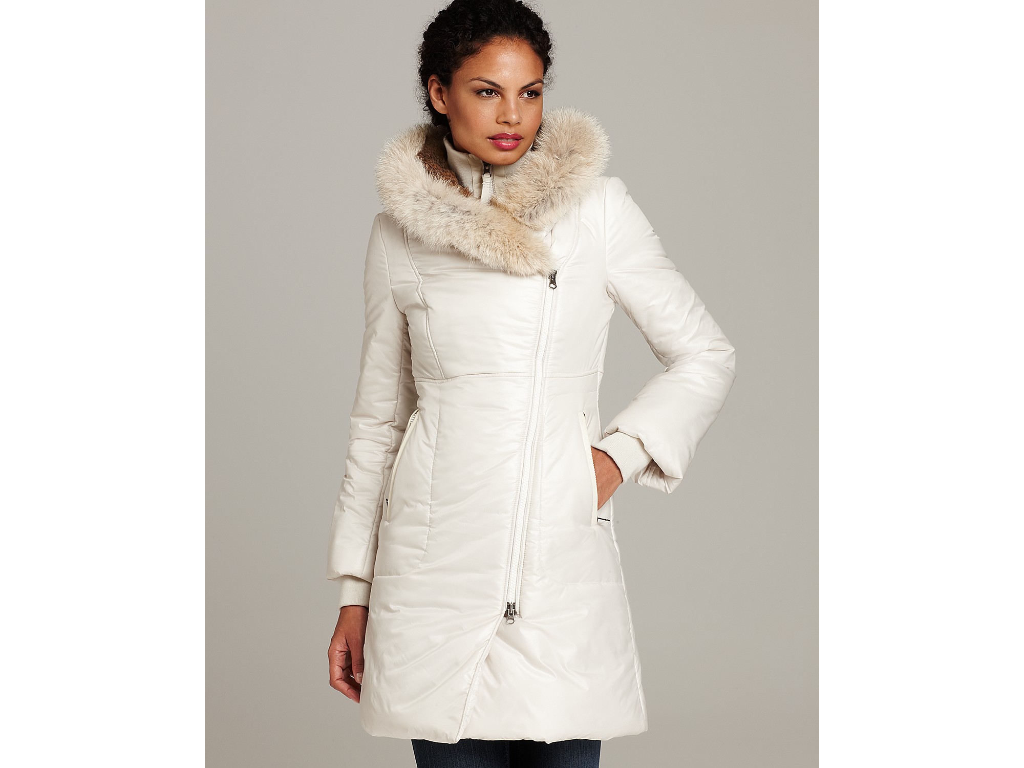 Mackage Liz C Long Puffer Jacket with Coyote Fur Trimmed Hood in White