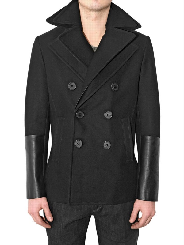 Neil Barrett Leather and Virgin Wool Pea Coat in Black for Men | Lyst