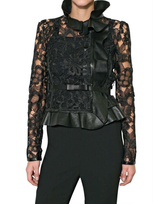 Lyst - Valentino Leather and Raffia Lace Jacket in Black