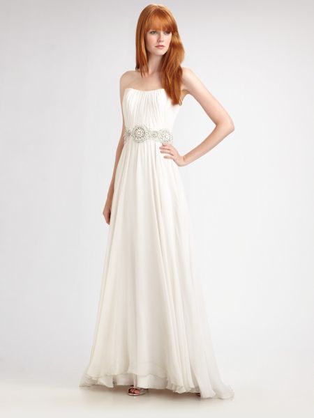 Theia Beaded Silk Chiffon Strapless Gown in White | Lyst