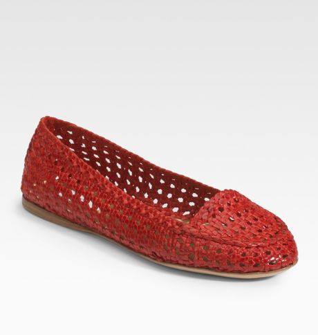Prada Woven Leather Loafers in Red | Lyst