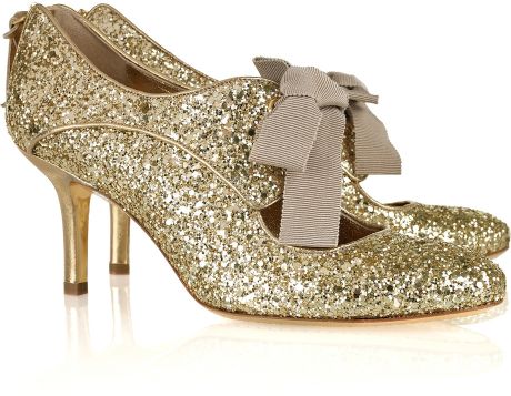 Miu Miu Glitter-finished Leather Lace-up Heels in Gold | Lyst