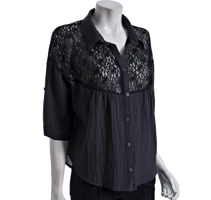 Free People Washed Black Lace Button Down Blouse in Black | Lyst