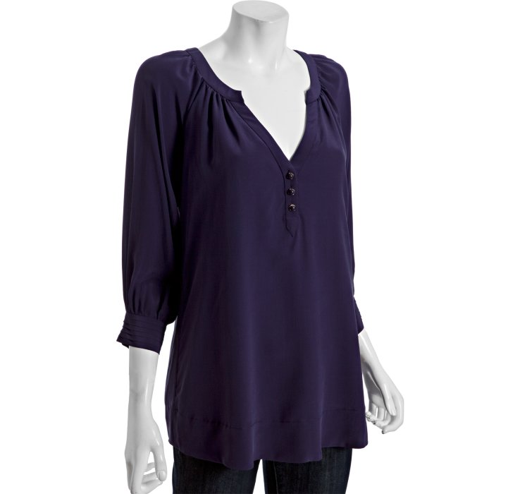 Shoshanna Eggplant Silk Split Neck Peasant Blouse in Purple (eggplant ...