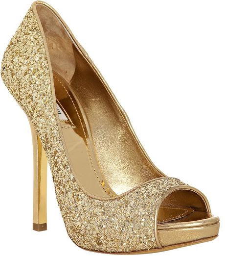 Miu Miu Gold Glitter Peep Toe Pumps in Gold | Lyst