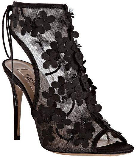 Valentino Black Mesh Floral Detail Sandals in Black | Lyst