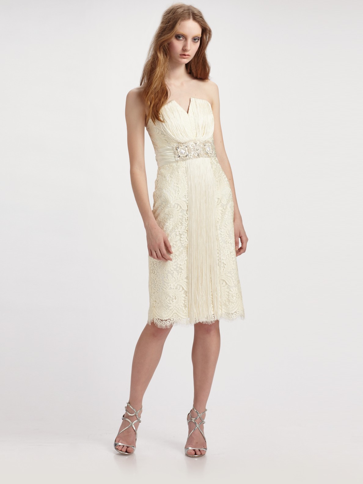 Badgley Mischka Strapless Lace Cocktail Dress in White (ivory) | Lyst