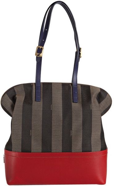 Fendi Striped Canvas and Red Leather 2bag Tote in Brown (tobacco) | Lyst