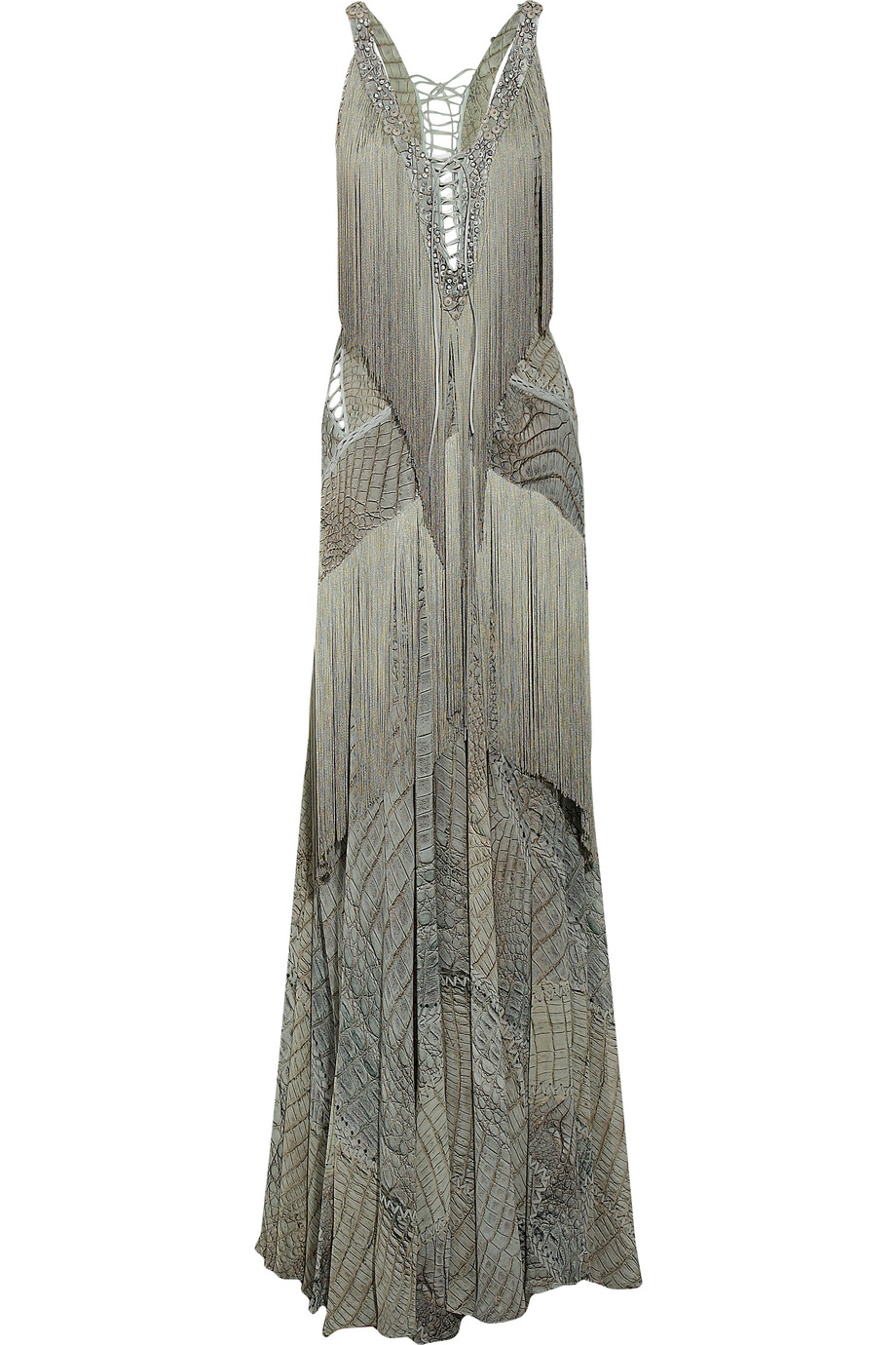 Roberto Cavalli Fringed Snake-print Silk-chiffon Gown in Animal (snake ...