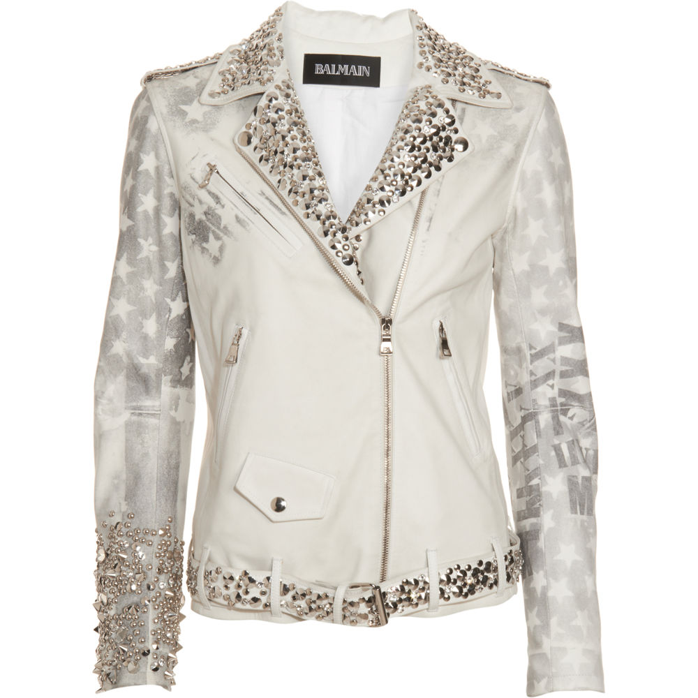 Balmain Studded Flag Jacket in White | Lyst