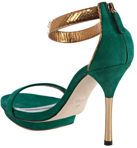 Gucci Emerald Suede Snakeskin Ankle Strap Sandals in Green (emerald) | Lyst