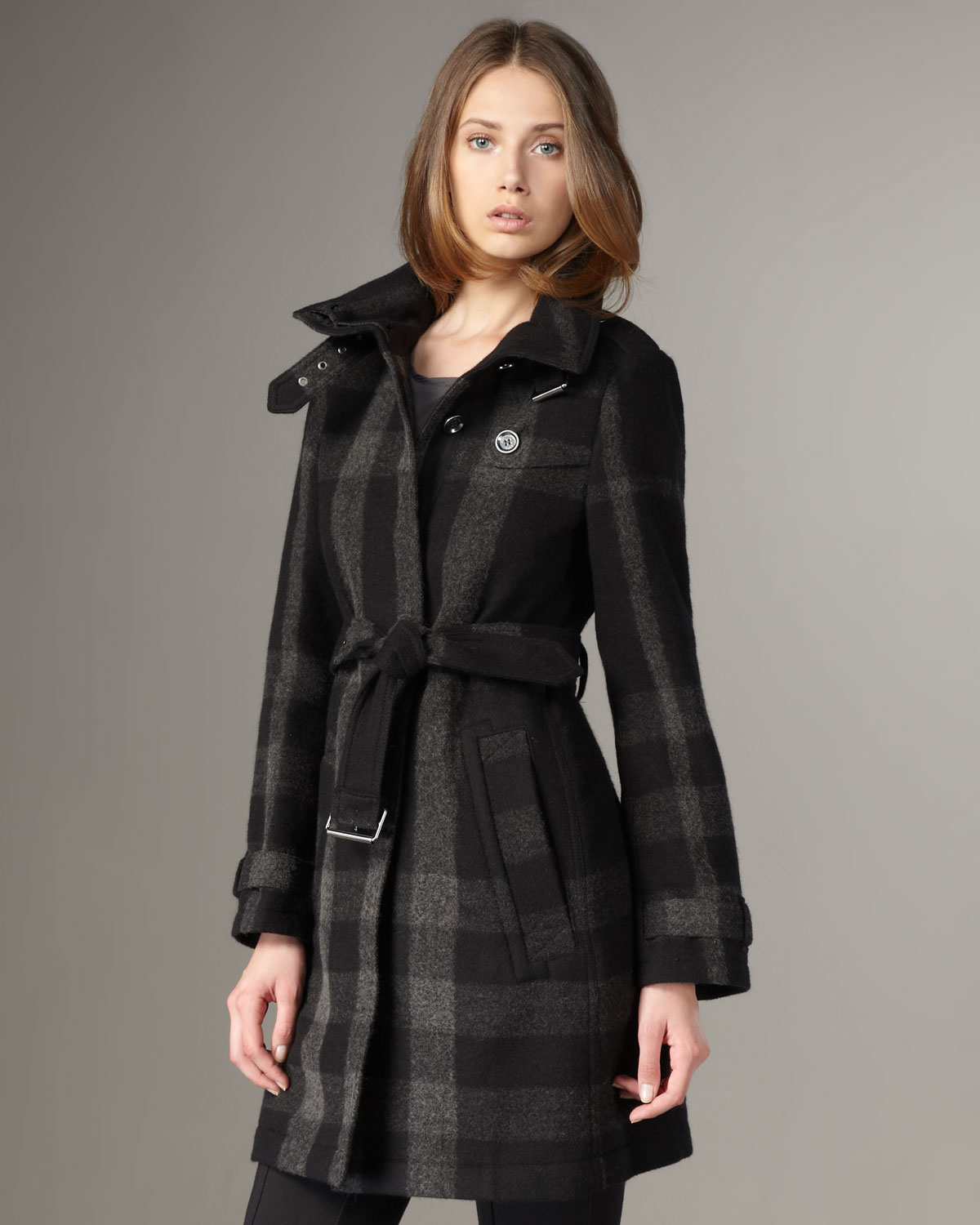 Lyst - Burberry Brit Funnel-neck Check Coat in Black