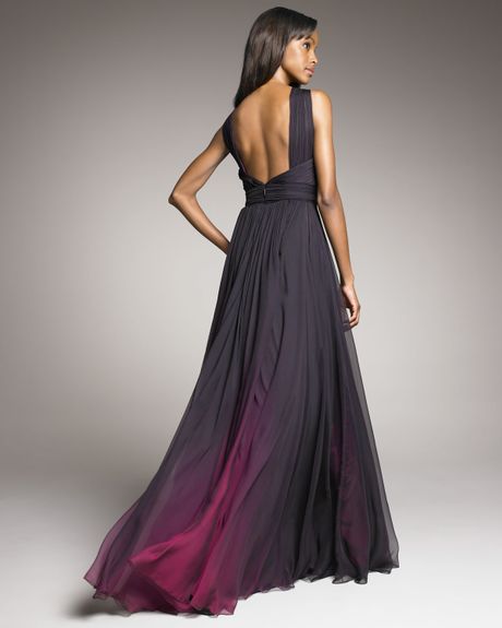 Monique Lhuillier Shirred Ombre Gown in Purple (fuschia) | Lyst