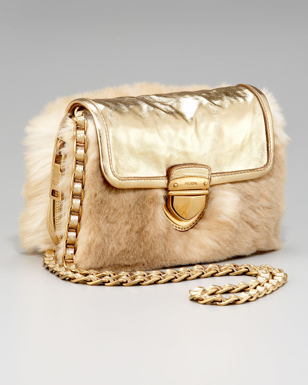Prada Napa Antik \u0026amp; Eco Pelliccia Faux Fur Chain Bag in Beige | Lyst  