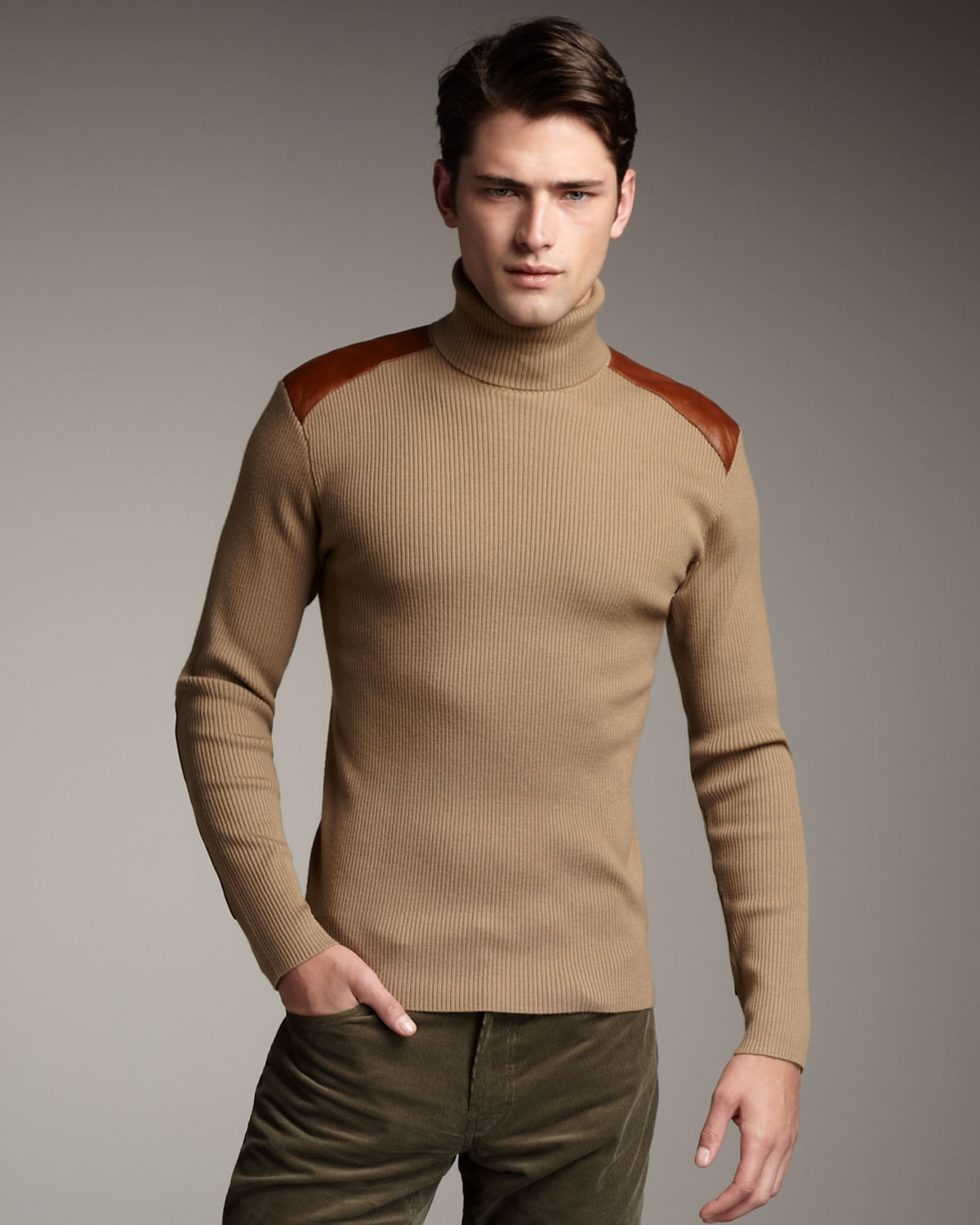 Lyst - Ralph Lauren Black Label Leather-trim Turtleneck Sweater in ...