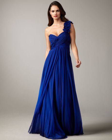 Rickie Freeman For Teri Jon Rosette-strap Chiffon Gown in Blue (cobalt ...