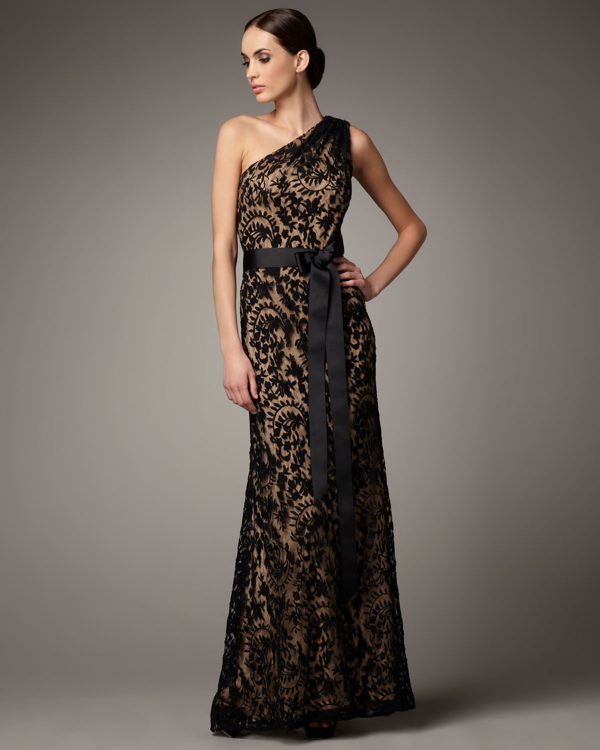 Tadashi shoji One-shoulder Lace Gown in Black | Lyst