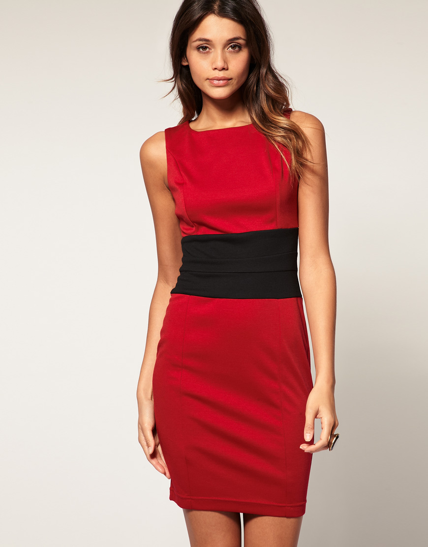 Asos Collection Asos Bodycon Pencil Dress in Colour Block in Red ...